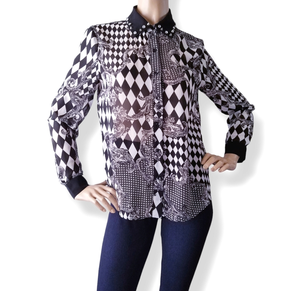 Lov Posh Black & White Harlequin Checkered Spike & Studded Collar Blouse